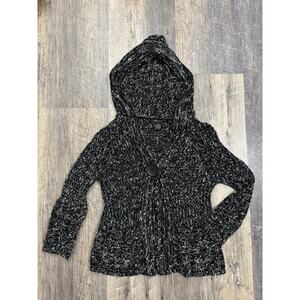 BCBGMAXAZRIA Womens Marled Black White Chunky Knit Hooded Button Cardigan Small